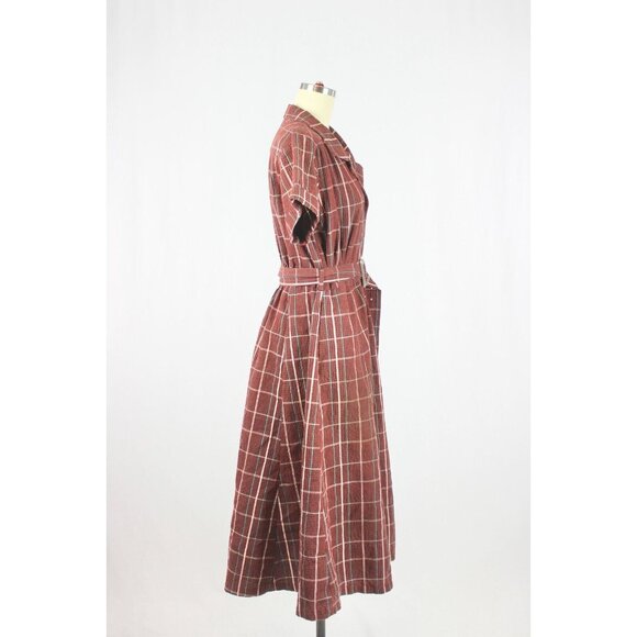 MOUSSY Dark Red Burgundy Check Cotton Seersucker Retro Midi Shirt Dress, Size M - Picture 2 of 13